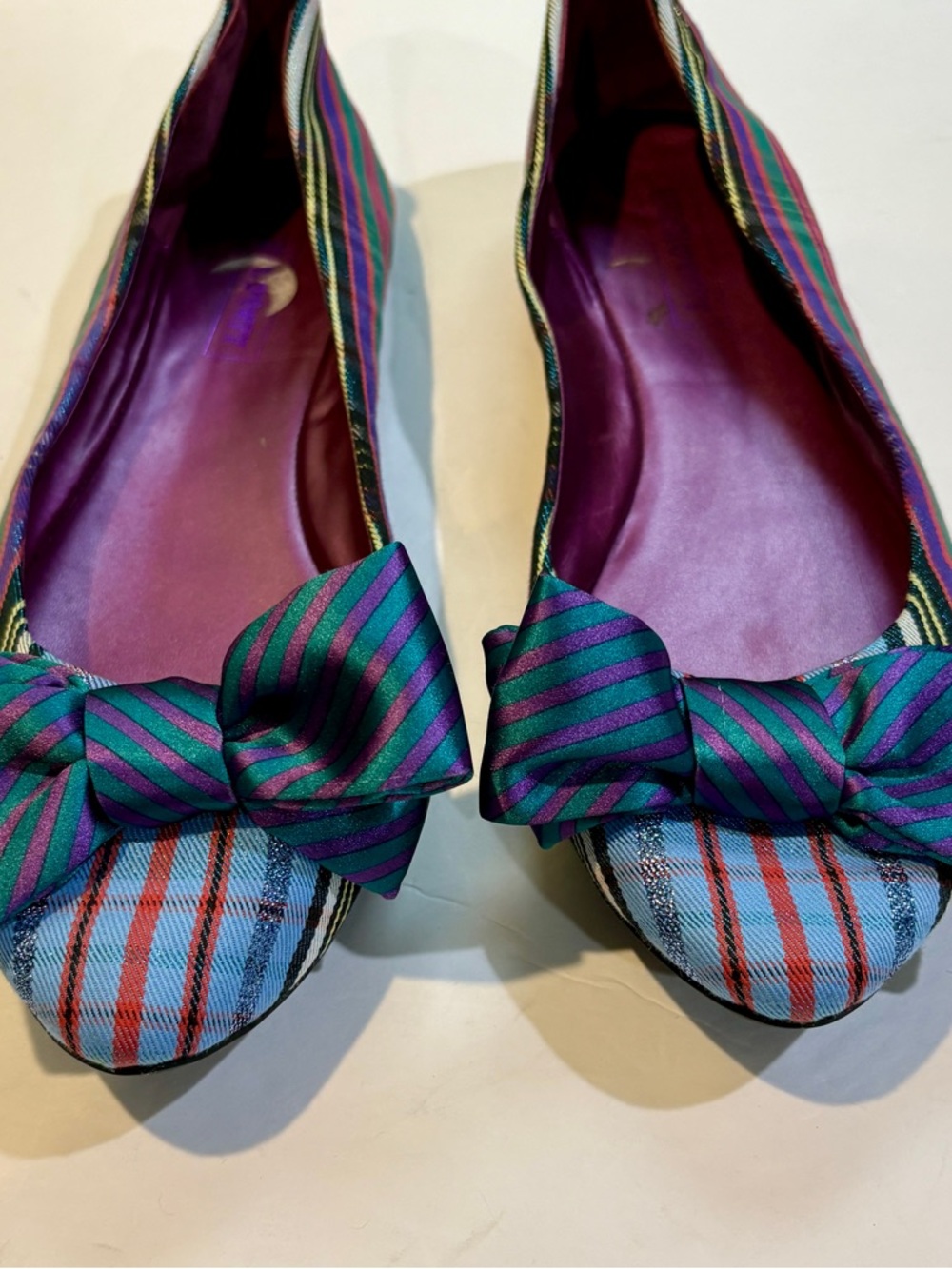 Coach Striped Bow 🩰 Flats in Green & Purple Pink Insole 11B Hard to Find - Picture 2 of 10